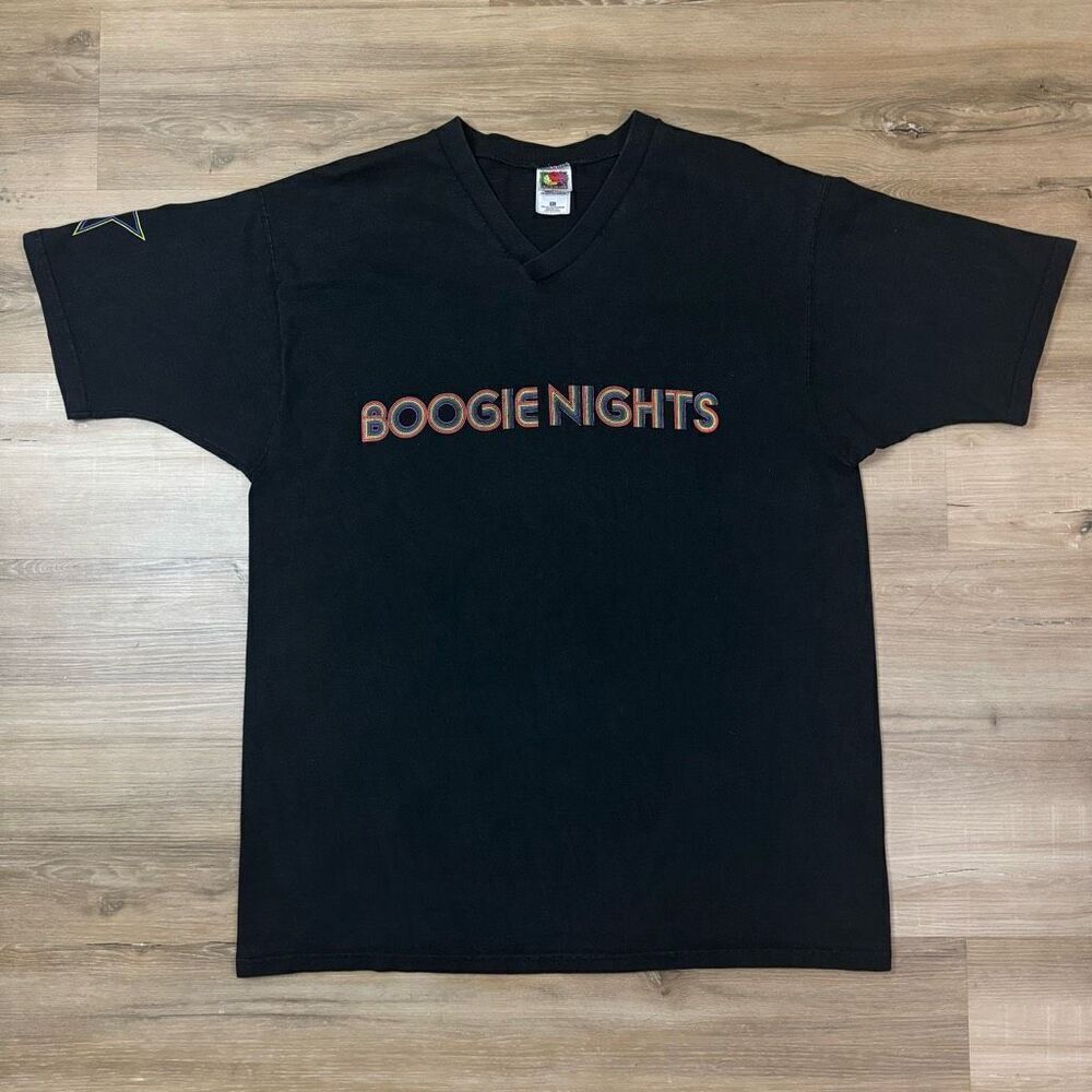 Vintage XL Boogie Nights Graphic Promo Tee Black Rainbow Lettering Made In USA